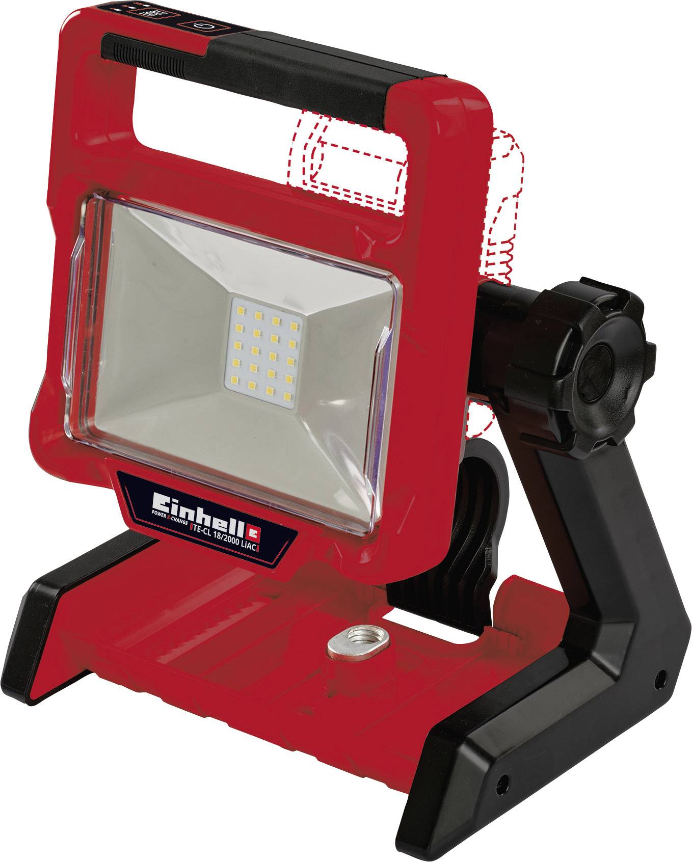 Červená, přenosná LED pracovní lampa se černým stojanem, viditelné firemní označení.