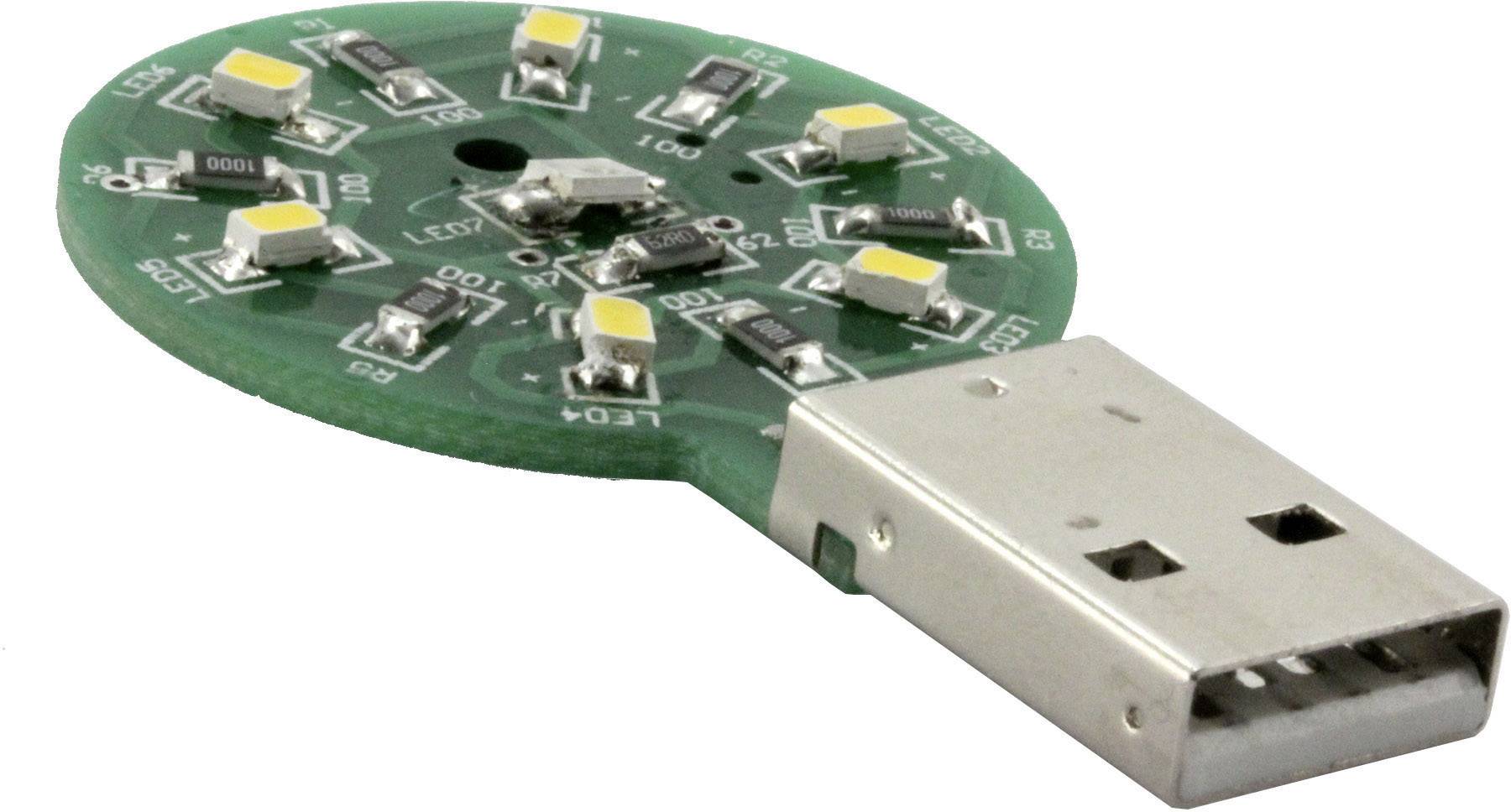 Kulatý USB flash disk se zelenou deskou plošných spojů a osmi svítícími LED diodami uspořádanými do kruhu.
