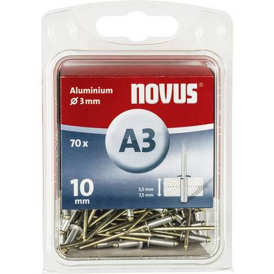 'Novus' nýty slepé z hliníku, velikost A3, průměr 3 mm. Obsahuje 70 kusů. Balení uvádí rozměry: 5,5 mm, 7,5 mm.