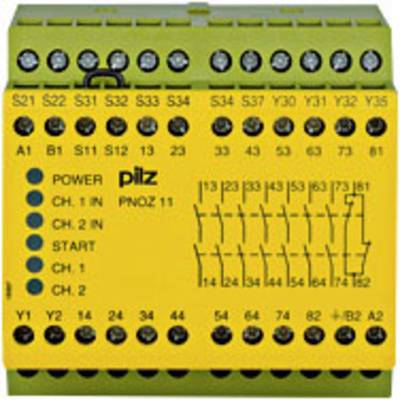 Bezpečnostní reléový modul se žlutým pouzdrem, zelenými připojovacími svorkami a nápisem 'Pilz PNOZ 11'. Indikátory napájení a kanálů.