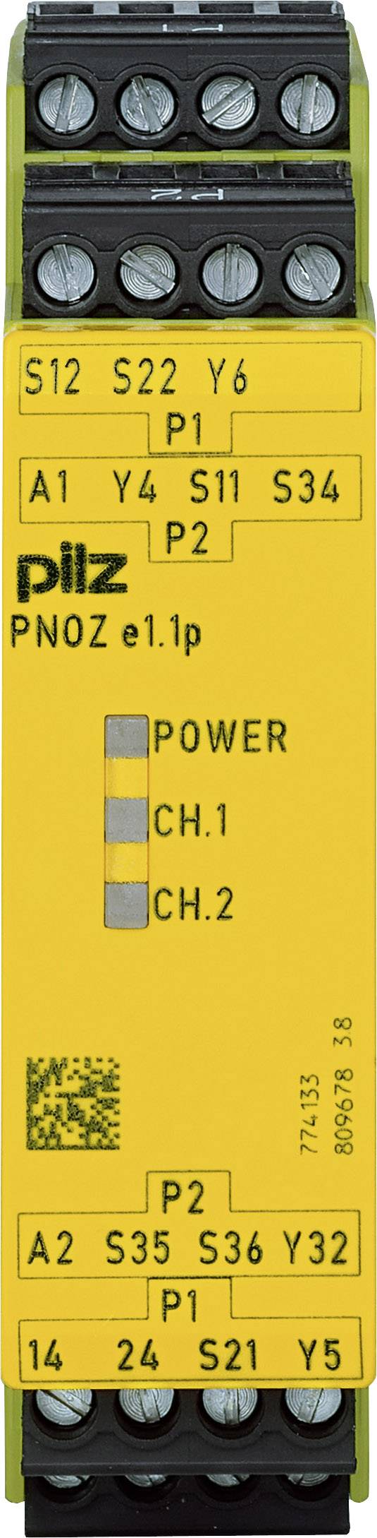 Žluté bezpečnostní relé 'Pilz PNOZ e1.1p' s připojovacími svorkami nahoře a dole, LED indikátory stavu pro napájení a kanály CH.1 a CH.2.