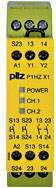 Příslušné bezpečnostní spínací zařízení v žluté barvě s označením 'pilz P1HZ X1', s několika konektory a LED diodami pro 'POWER', 'CH.1' a 'CH.2'.