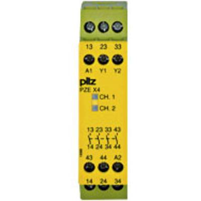 Žluté bezpečnostní relé IP2 X4 od firmy "Pilz" se zelenou horní oblastí, několika svorkami a dvěma LED indikátory pro kanál 1 a kanál 2.