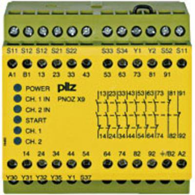 Bezpečnostní relé Pilz, model PNOZ X9, žluté a zelené barvy, s několika připojovacími svorkami. Používané v bezpečnostních aplikacích.