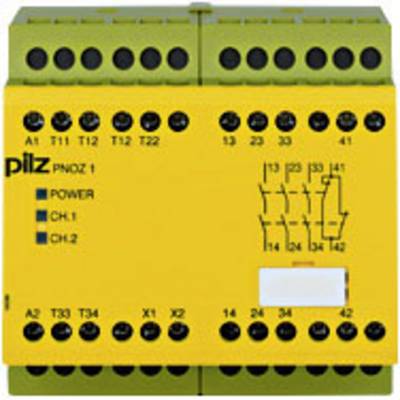 Žluté bezpečnostní relé s nápisem 'pilz PNOZ 1', LED indikátory pro 'NAPÁJENÍ' a 'CH.1', 'CH.2' a připojovacími body.