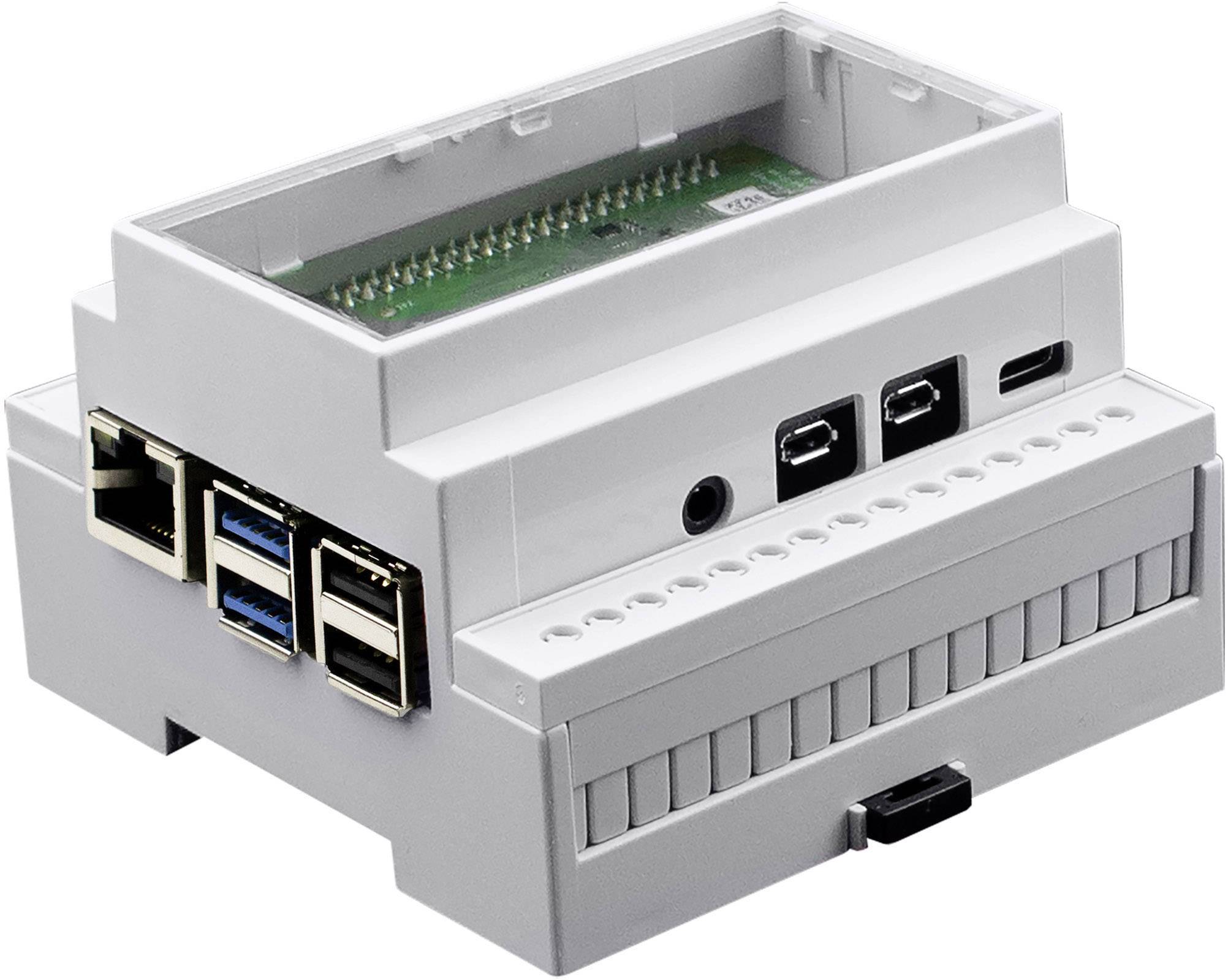 Elektrické zařízení v krytu s několika USB porty a otevřeným prostorem nahoře pro desku plošných spojů.