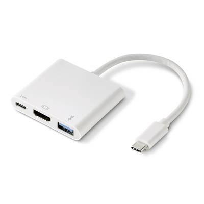 Bílý USB-C hub s porty pro USB, HDMI a USB-C. Krátký kabel pro připojení k zařízením.