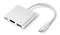 Bílý USB-C hub s porty pro USB, HDMI a USB-C. Krátký kabel pro připojení k zařízením.