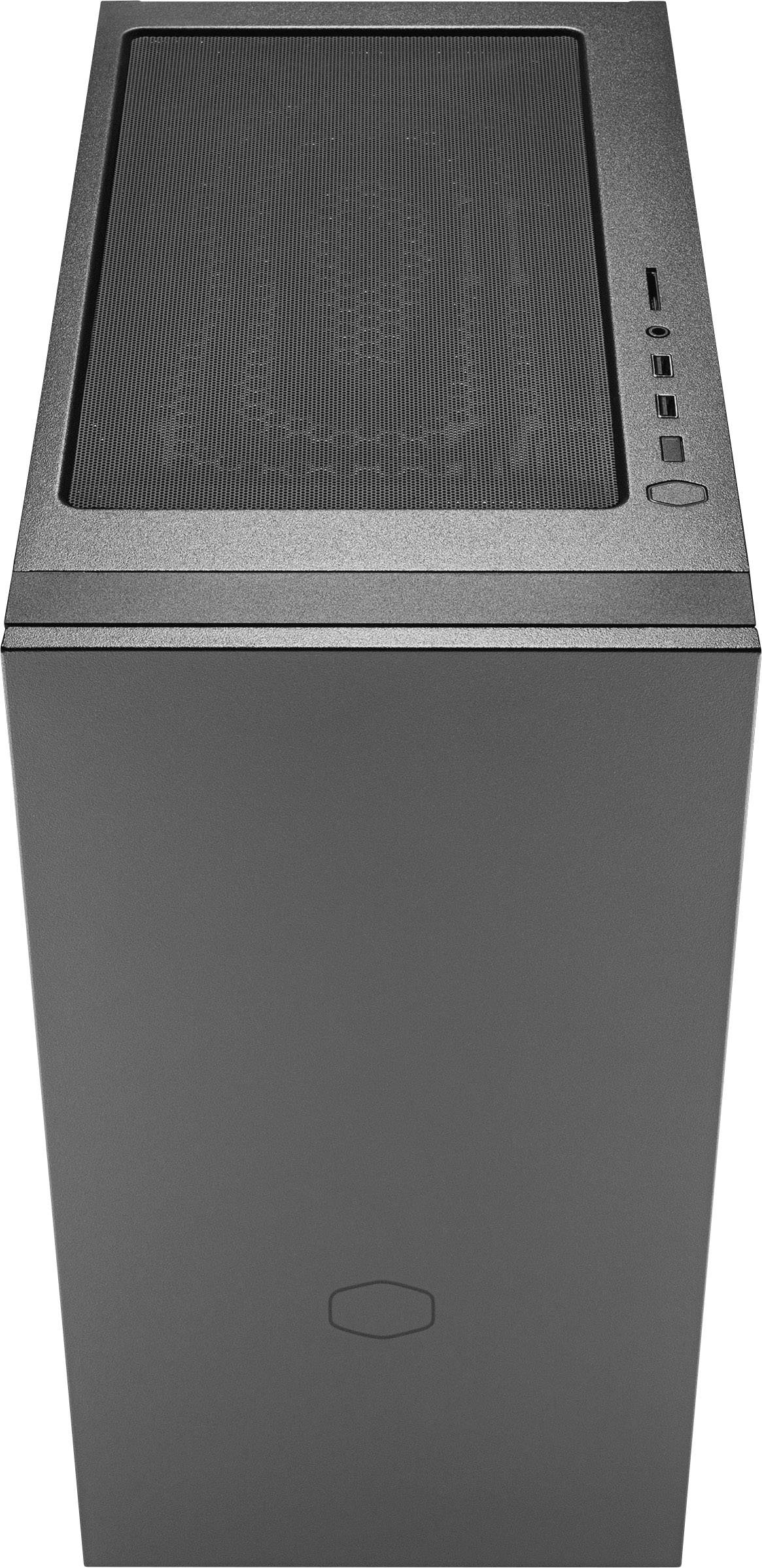 Černá počítačová skříň s mřížovaným krytem nahoře, postranními USB porty a jednoduchým designem.