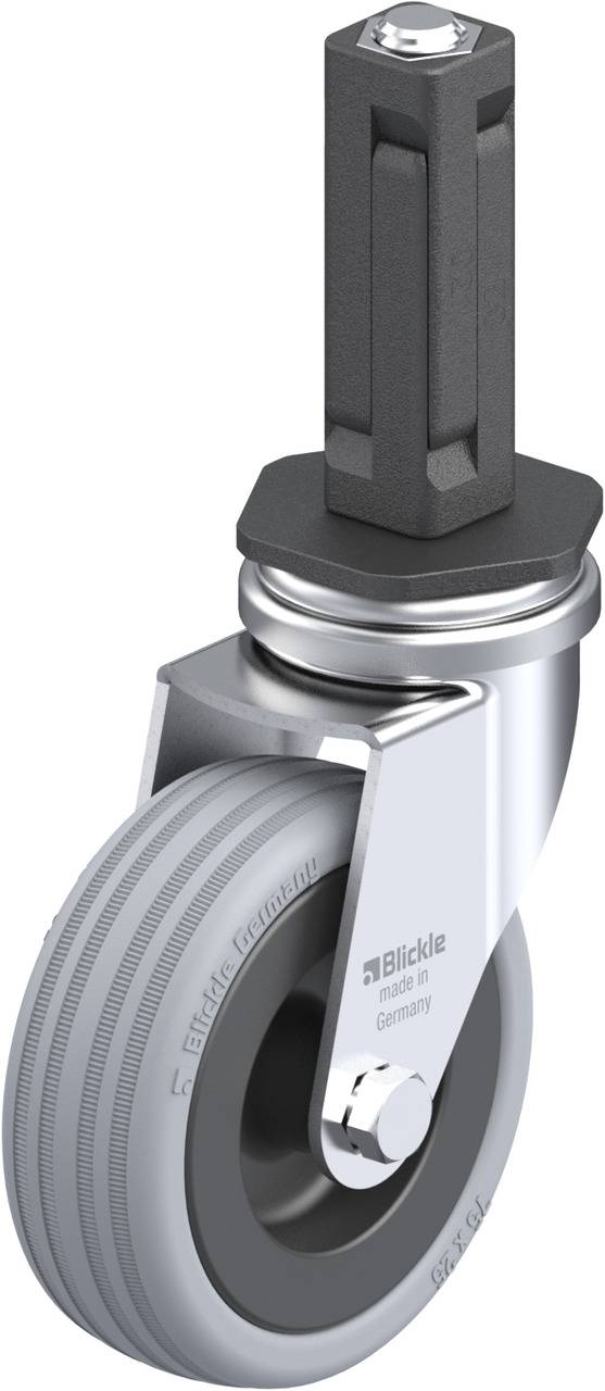 Průmyslové kolečko z kovu s šedou gumovou obručí; opatřené značkovým štítkem.