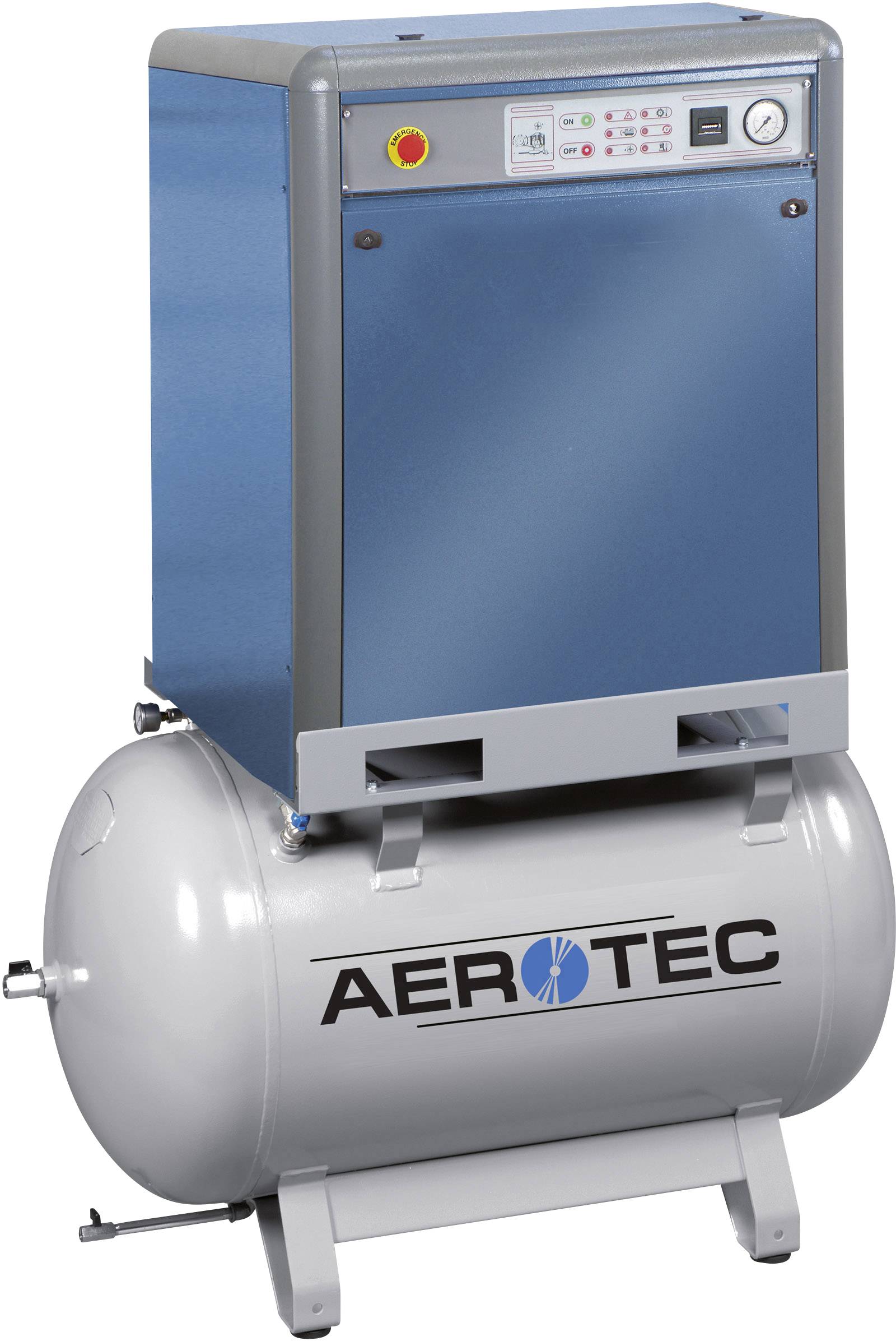 Modrý vzduchový kompresor na stříbrné nádrži s nápisem AEROTEC. Nahoře ovládací panel s tlakoměrem a spínači.