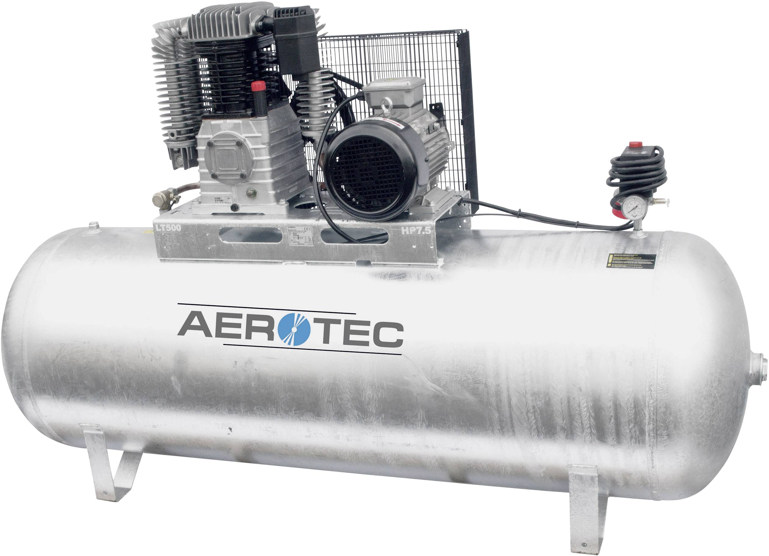 Stříbrný průmyslový kompresor značky 'AEROTEC' s nápisem na nádrži. Nahoře jsou umístěny motor a ventilátory.
