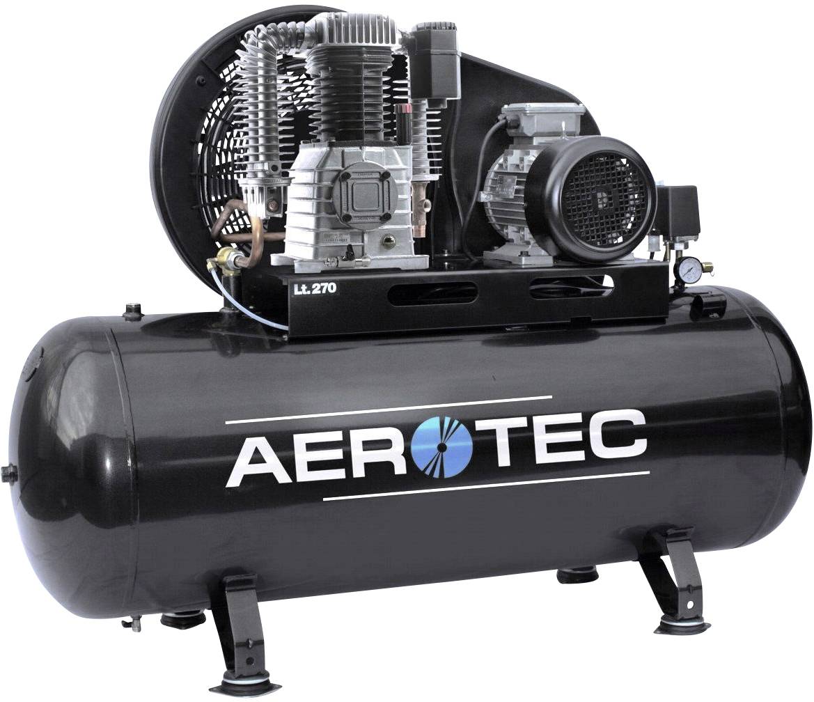 Černý kompresor s nápisem 'AEROTEC', ukazující válce a motor. Používán pro výrobu stlačeného vzduchu v dílnách.