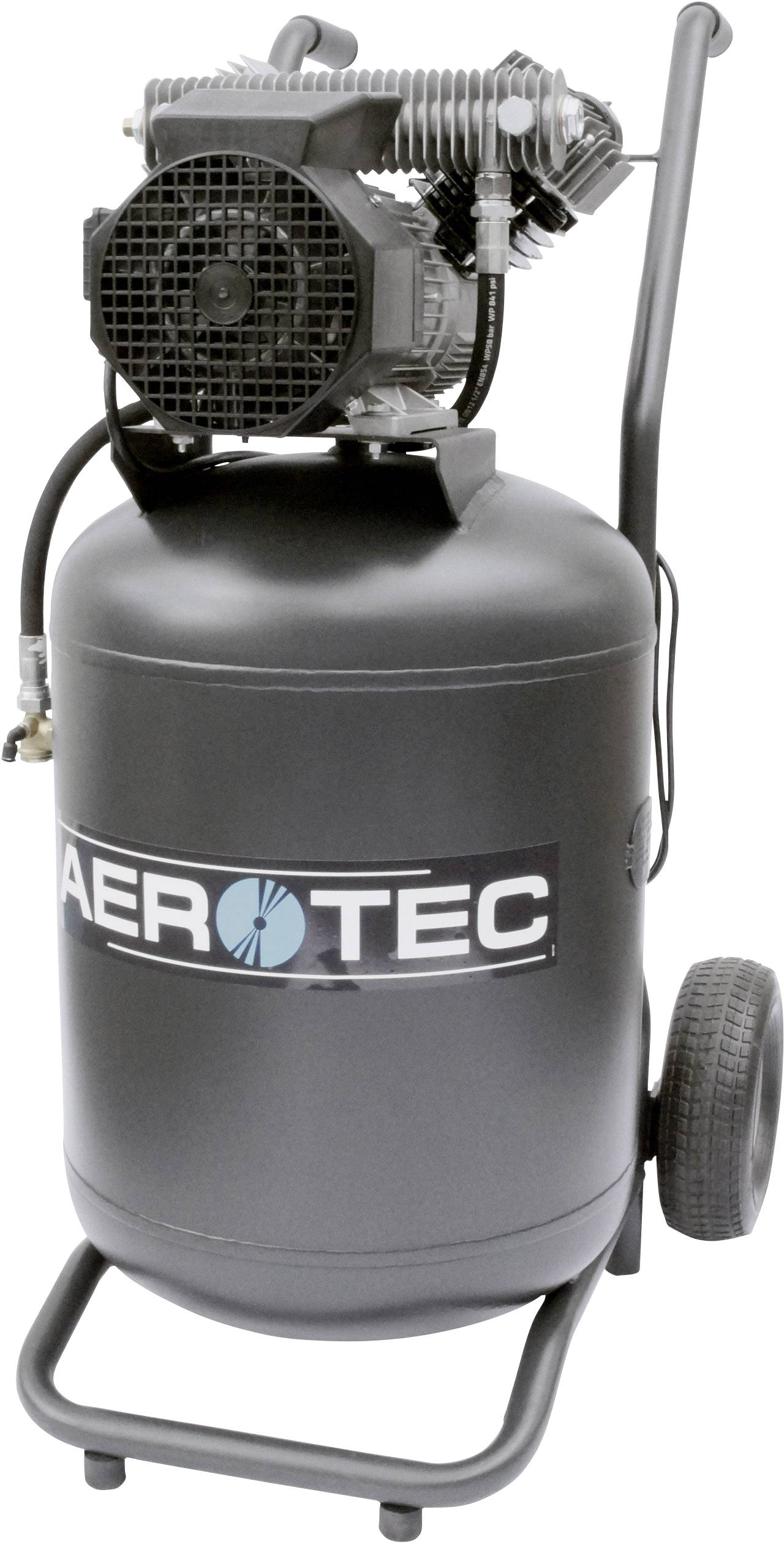 Černý kompresor s rukojetí a koly, označený nápisem 'Aerotec'.