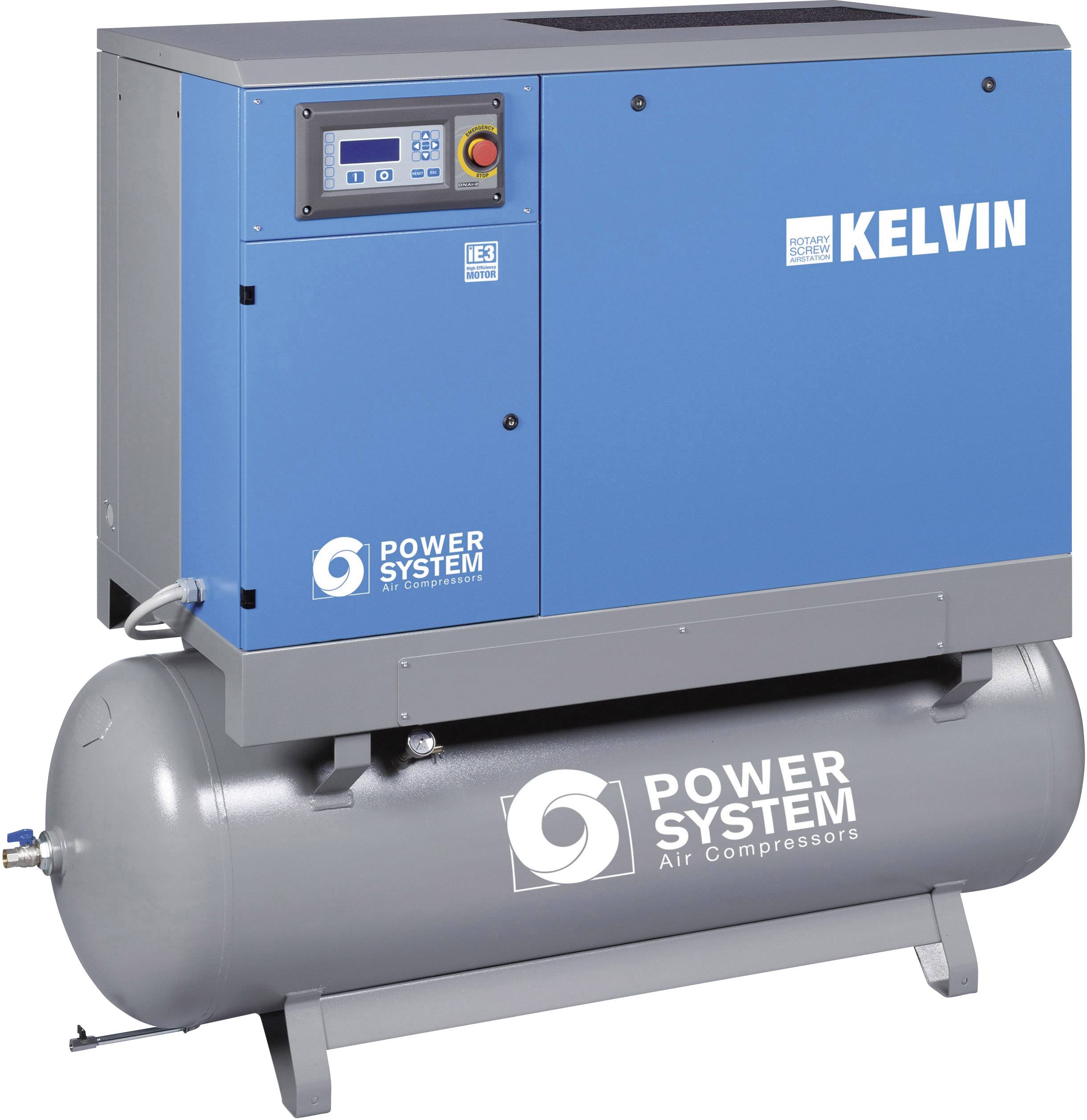 Modrý průmyslový pístový kompresor s digitálním displejem umístěný na šedé vzdušníkové nádobě, označené nápisem 'Power System Air Compressors'.