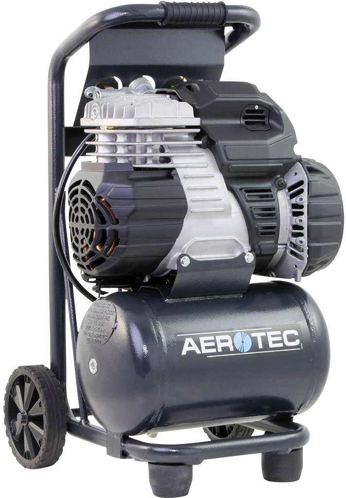 Černý přenosný vzduchový kompresor na kolečkách značky 'Aerotec' se stříbrným motorem nahoře, vhodný pro použití v dílně.
