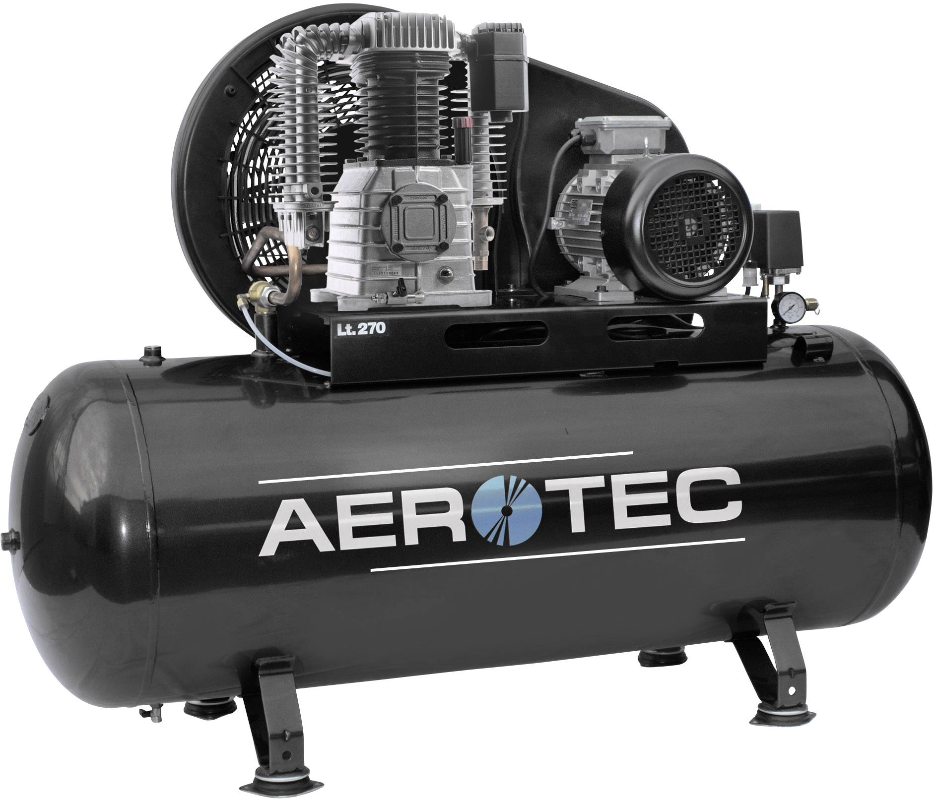 Černý Aerotec kompresor s nádrží a motorem, vhodný pro dílny. Číslo modelu LL 270 dobře viditelné na přední straně.