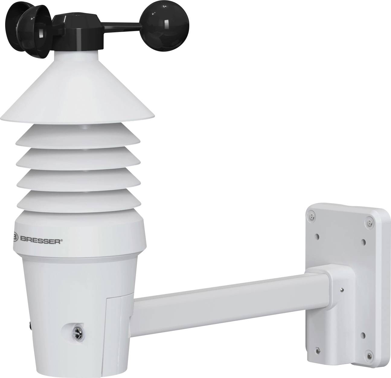 Moderní meteorologická stanice s anemometrem a senzory, upevněná na bílém držáku pro venkovní instalaci.