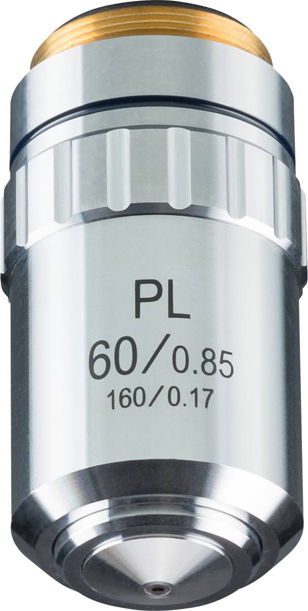Mikroskopický objektiv s nápisem 'PL 60/0.85 160/0.17', používaný pro zvětšení a pozorování mikroskopických vzorků.