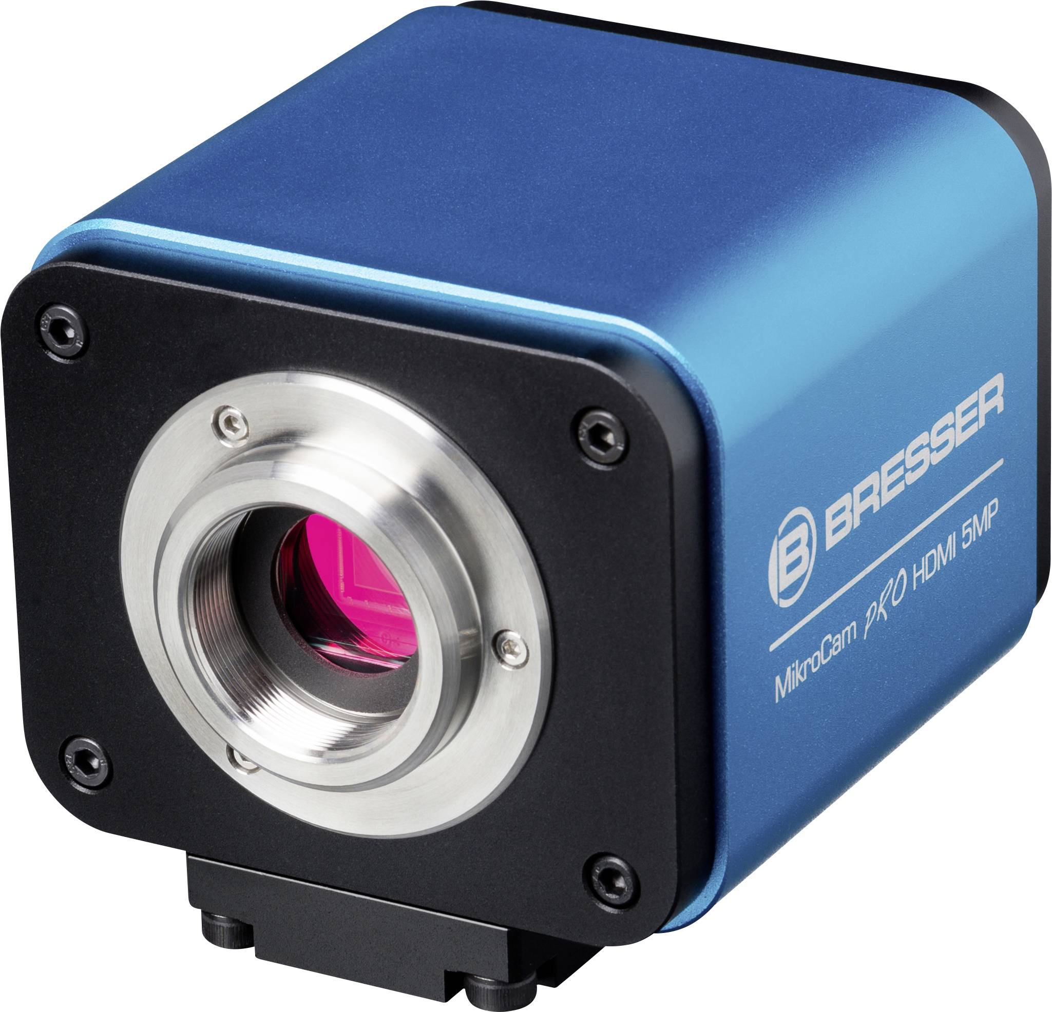 Mikroskopická kamera značky Bresser, model MicroCam Pro HDMI s 5 megapixely. Modré tělo s černým a stříbrným připojením.