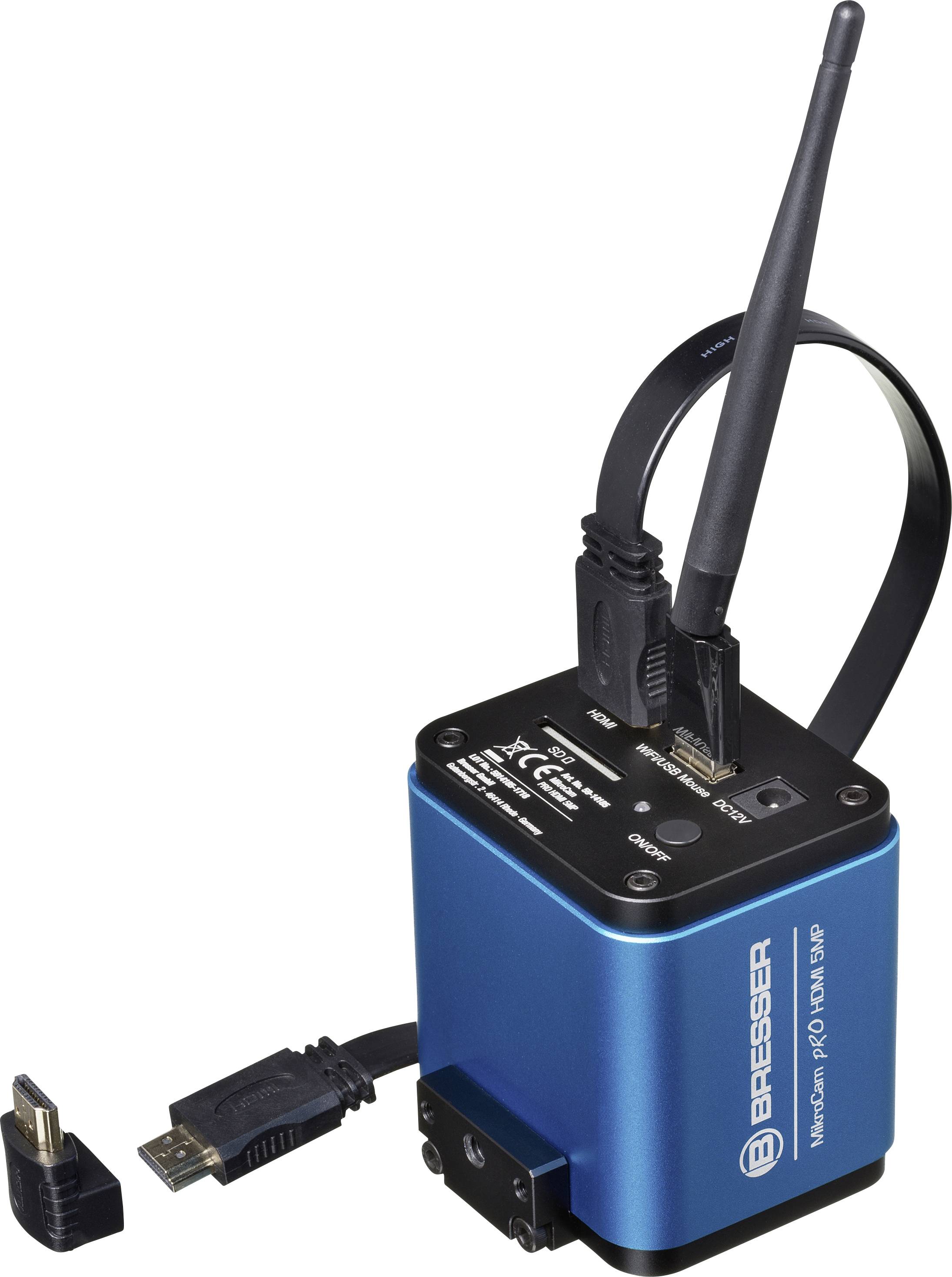 Modré elektronické zařízení s anténou a USB porty. Označení 'Bresser'. Vpředu samostatný USB kabel.