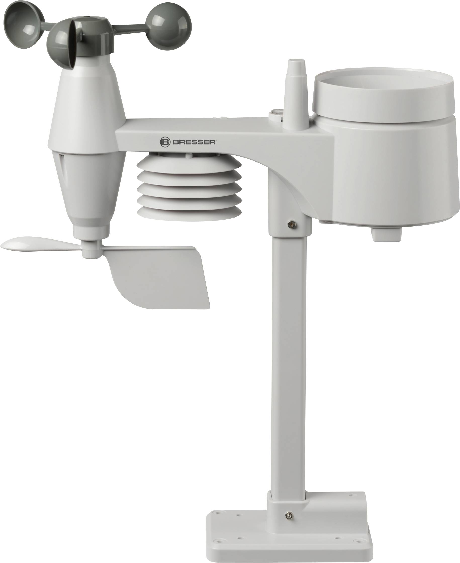Digitální meteorologická stanice s anemometrem, teploměrem a srážkoměrem na stojanu pro měření klimatických údajů.