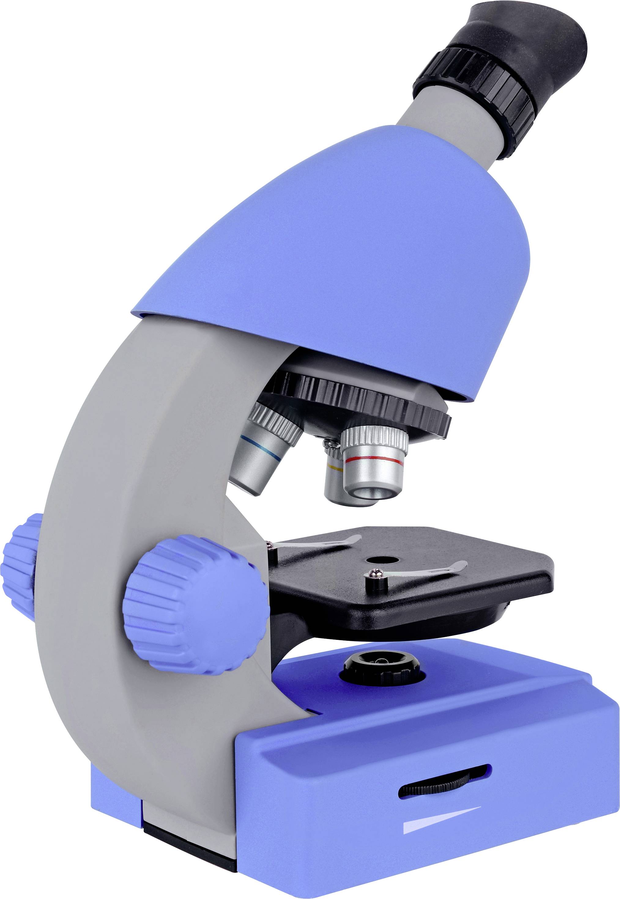 Modré mikroskop s šedými detaily, vhodný pro použití v laboratoři nebo ve vzdělávacím prostředí, ukazuje zvětšovací čočky a objektový stolek.