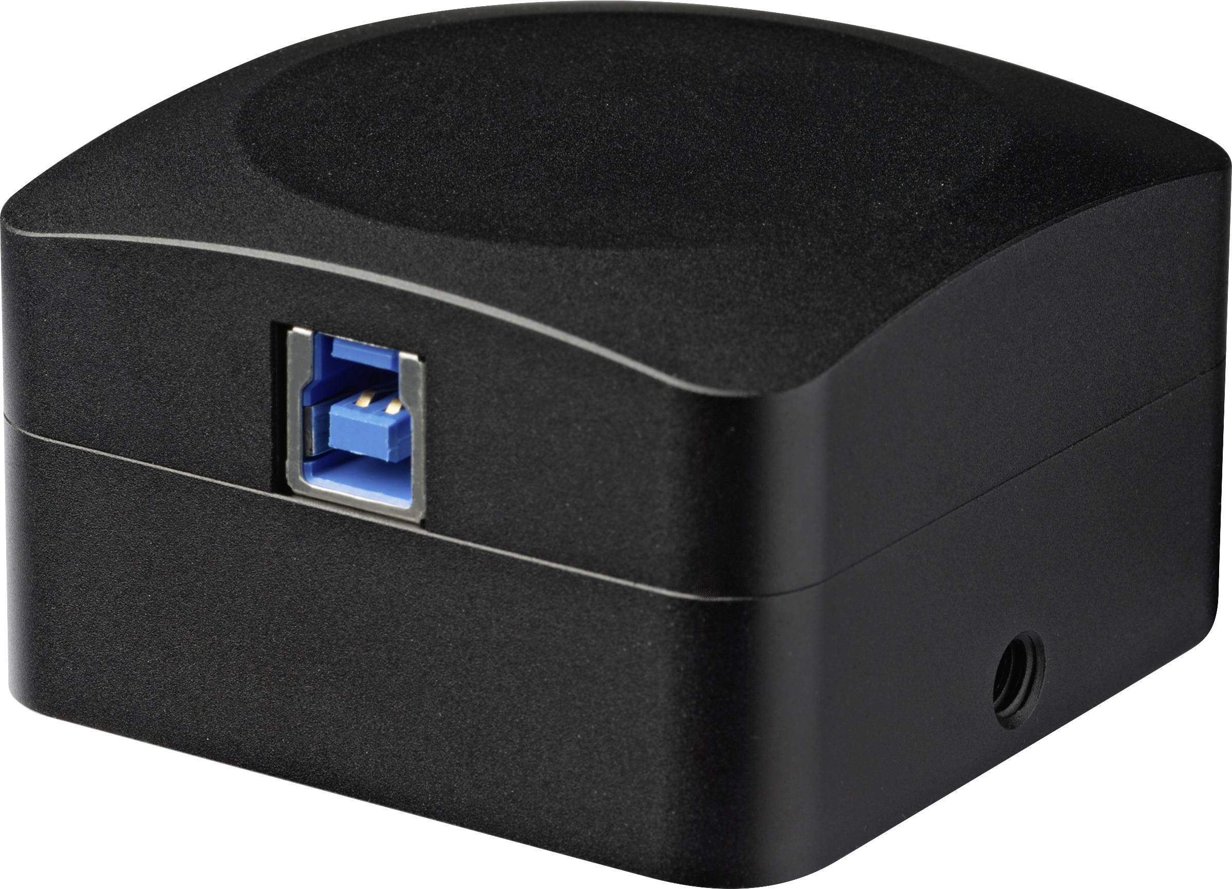 Černé čtvercové elektronické zařízení s USB portem.