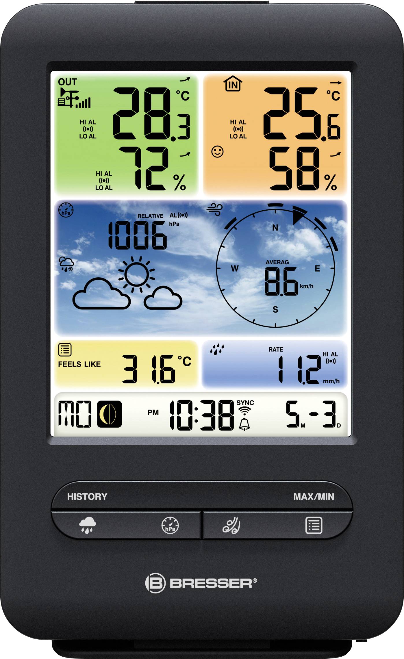 Obrázek zobrazuje digitální meteorologickou stanici s ukazateli teploty, vlhkosti vzduchu, atmosférického tlaku, předpovědi počasí a času.