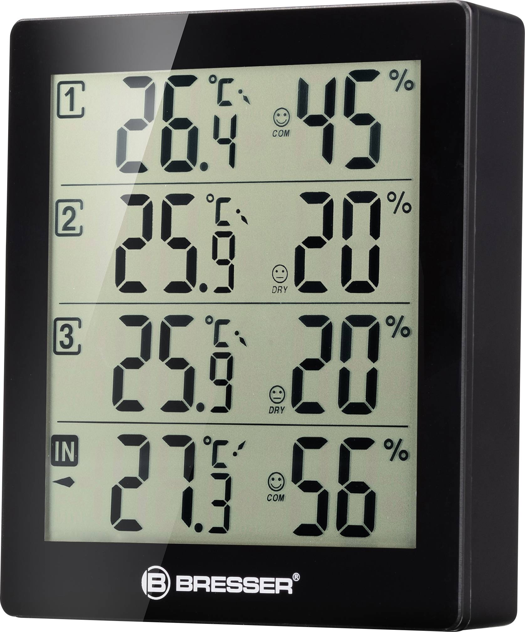Digitální termo-hygrometr se čtyřmi údaji: Venku 1 (26,6°C, 45%), Venku 2 (25,5°C, 20%), Venku 3 (25,5°C, 20%), Uvnitř (27,3°C, 56%).