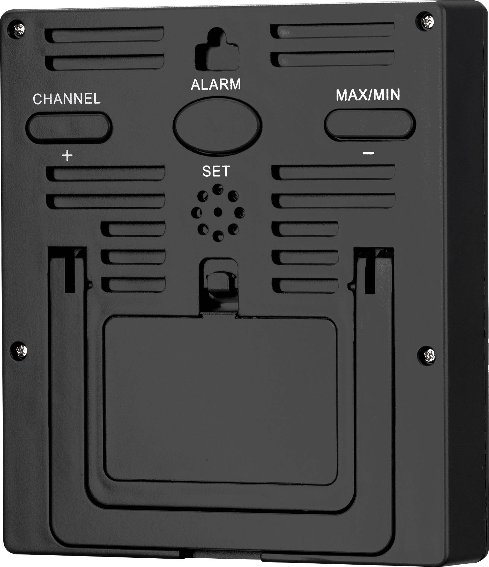 Zadní strana elektronického zařízení s tlačítky pro 'Kanál', 'Alarm', 'Max/Min' a 'Nastavení'. Obsahuje kryt prostoru pro baterie.