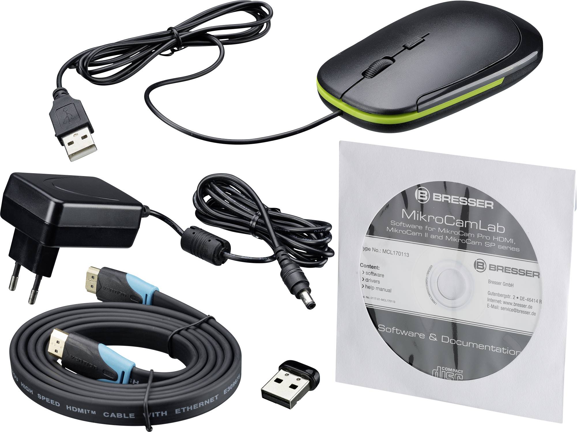 Myš, USB kabel, síťový adaptér, HDMI kabel, USB dongle a softwarové CD s návodem, vše společně pro technické zařízení.