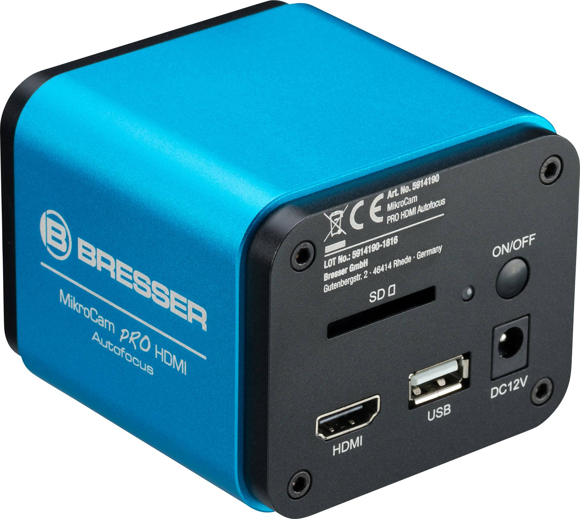 Modrá kamerová jednotka s nápisem 'Bresser MikroCam PRO HDMI' zobrazuje konektory pro HDMI, USB a SD kartu.