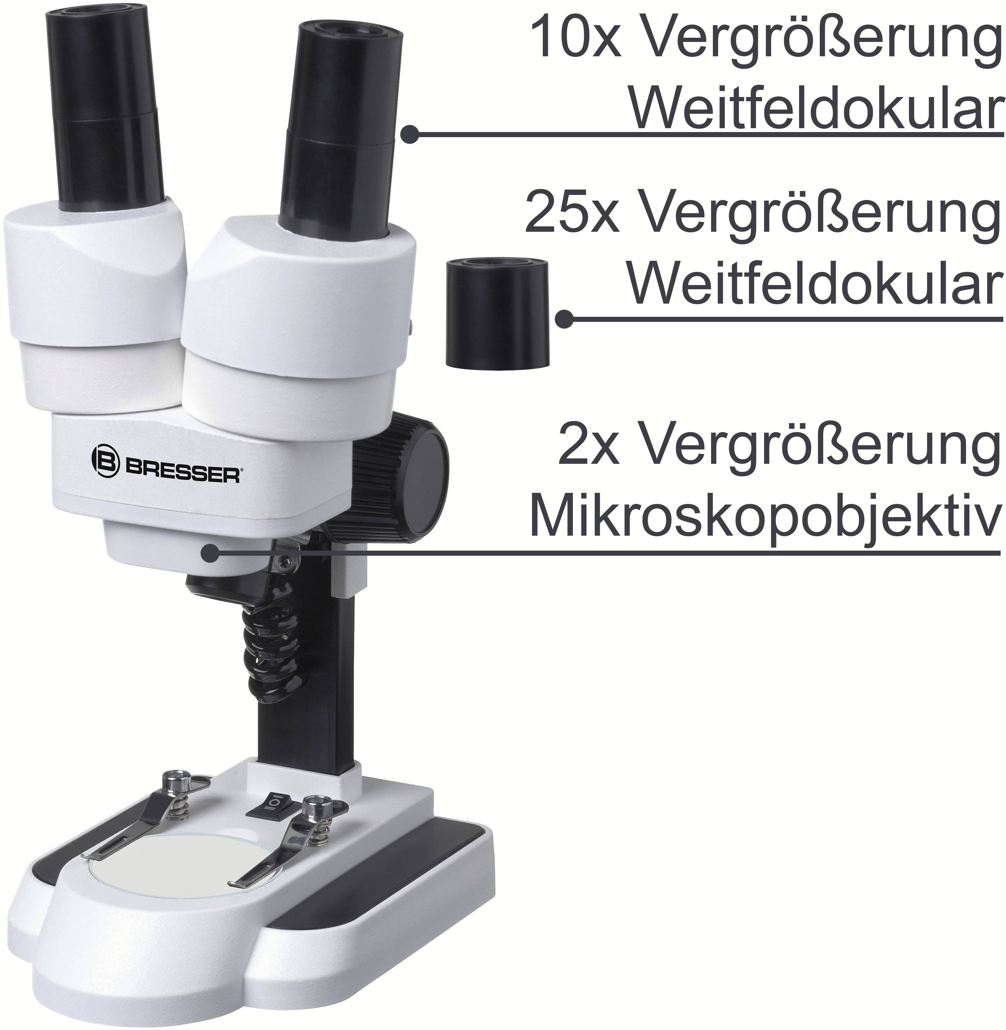 Mikroskop se dvěma okuláry s popisem: '10x zvětšení širokopolní okulár', '25x zvětšení širokopolní okulár', '2x zvětšení mikroskopický objektiv'.