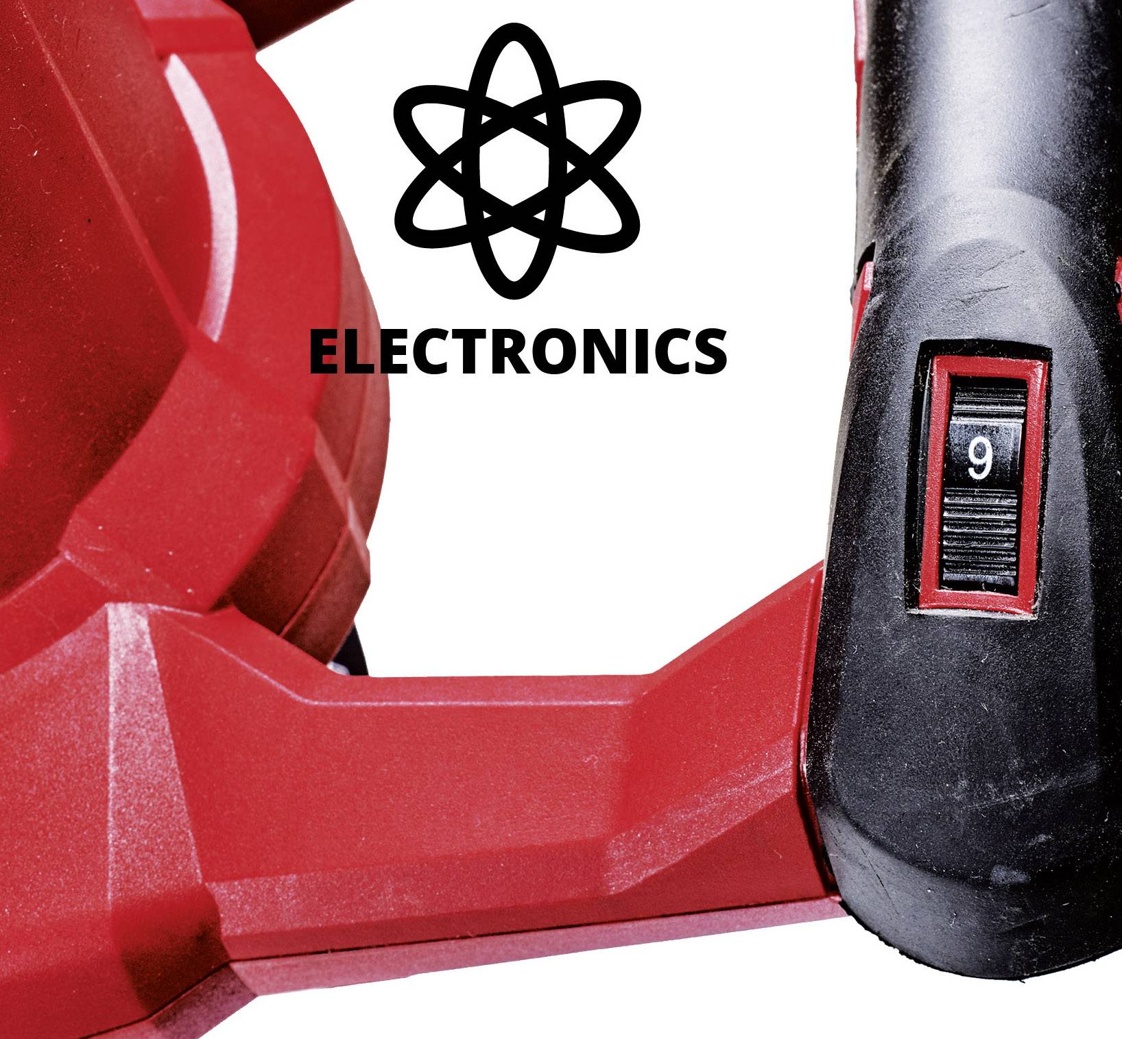 Červený elektronický stroj s černým spínačem, vedle něj symbol atomu a slovo 'ELEKTRONIKA'.