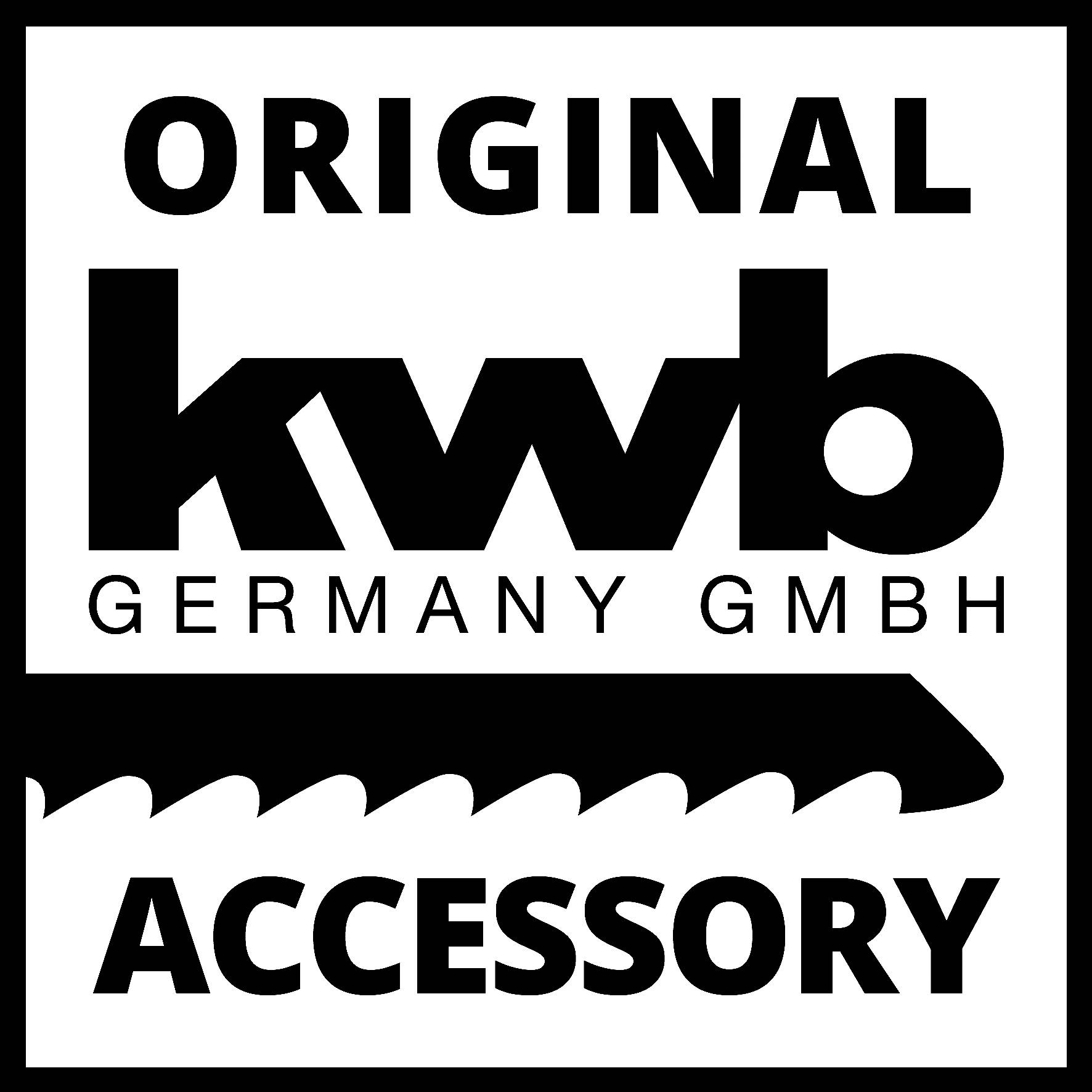 'Originální příslušenství KWB Germany GmbH' černým textem na bílém pozadí s ozdobným motivem pilového ostří pod ním.