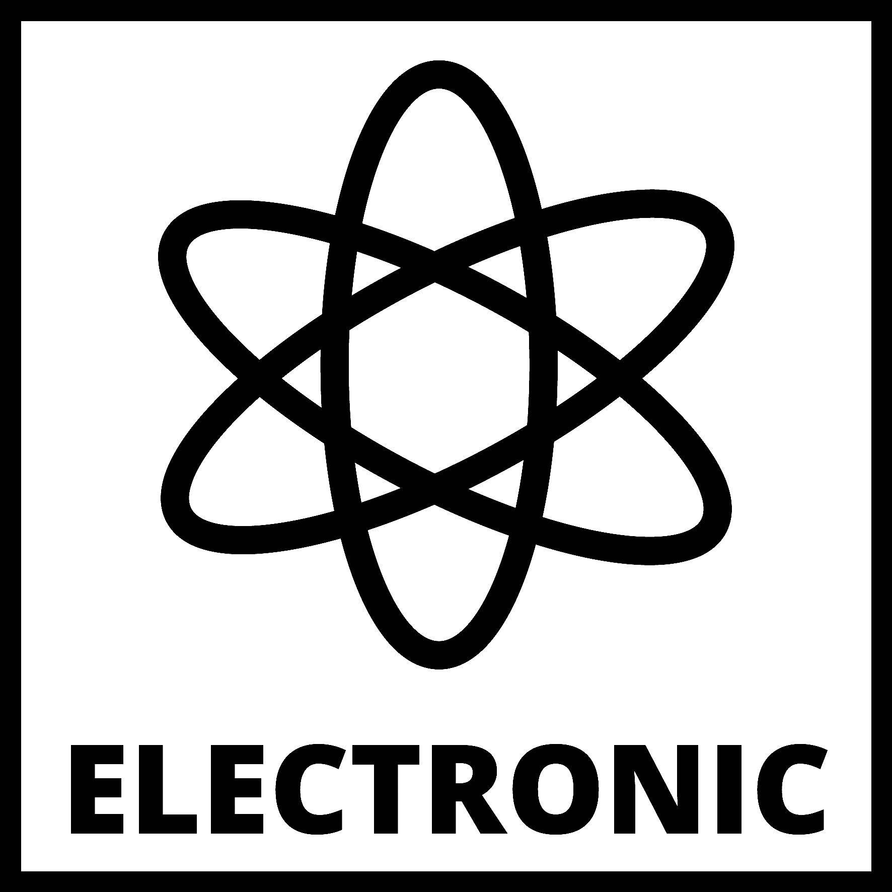 Symbol atomu se slovem 'ELEKTRONICKÝ' pod ním.