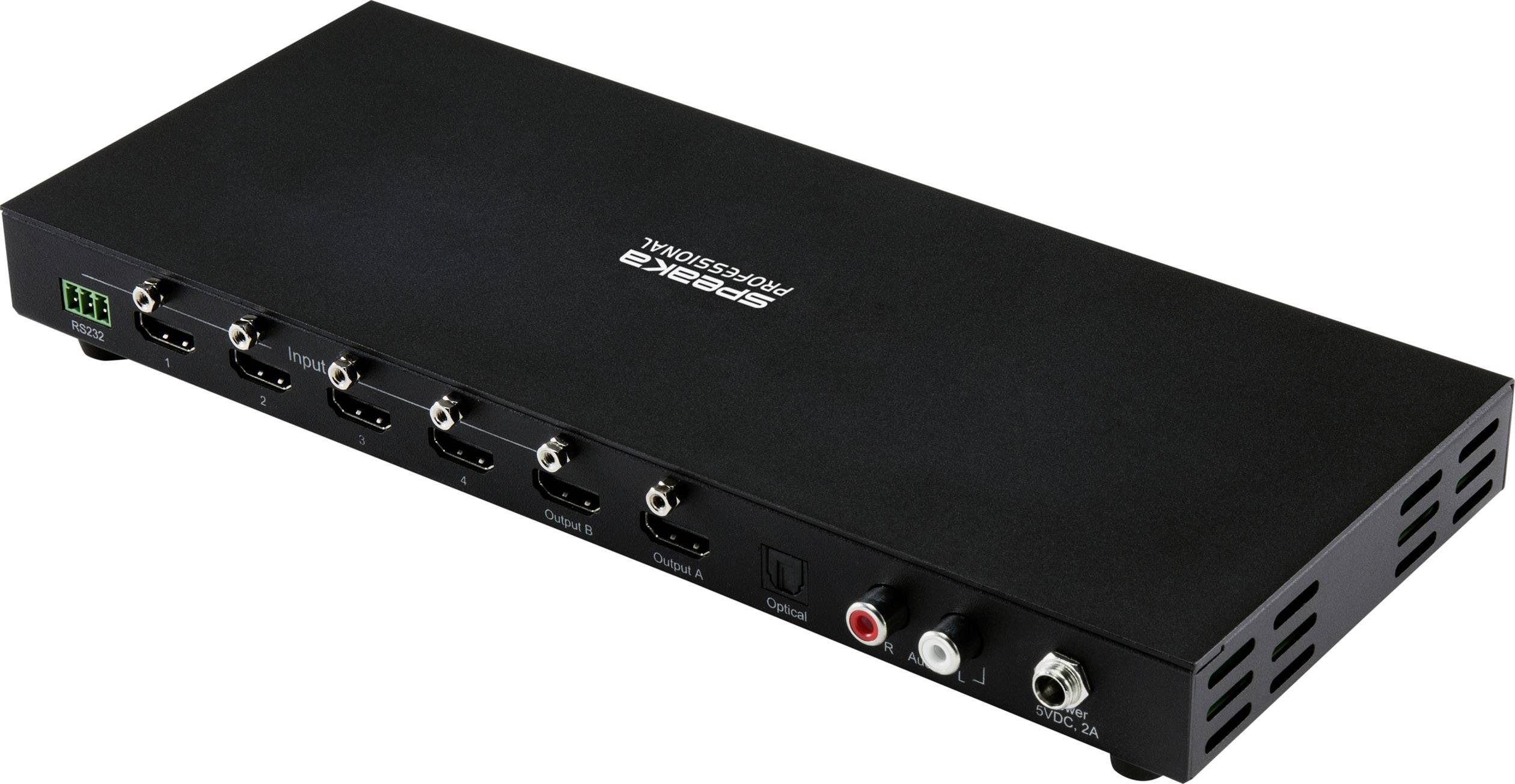 Černý HDMI přepínač se šesti vstupy a dvěma audio výstupy, s bočním zeleným LED indikátorem.