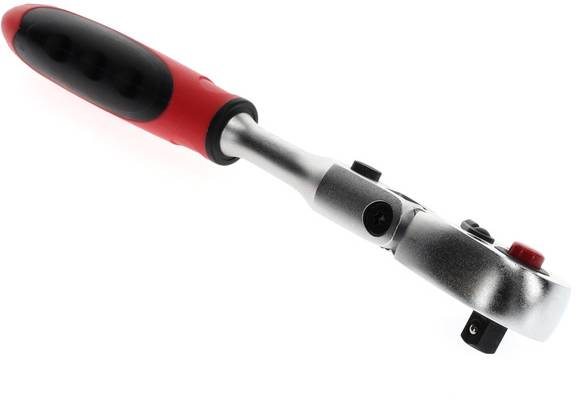 Ráčna s ergonomickým, černým a červeným držadlem, vhodná pro mechanické práce a upevňování šroubů nebo matic.