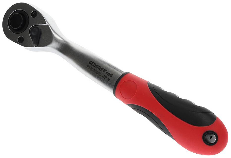 Stříbrná ráčna s červenou a černou rukojetí, vhodná pro různé mechanické aplikace.