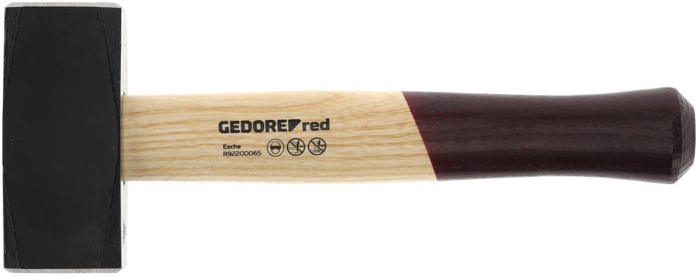 Černé kladivo s hlavou z kladiva a dřevěnou rukojetí. Rukojeť nese nápis 'GEDORE red' a symboly pod ním.