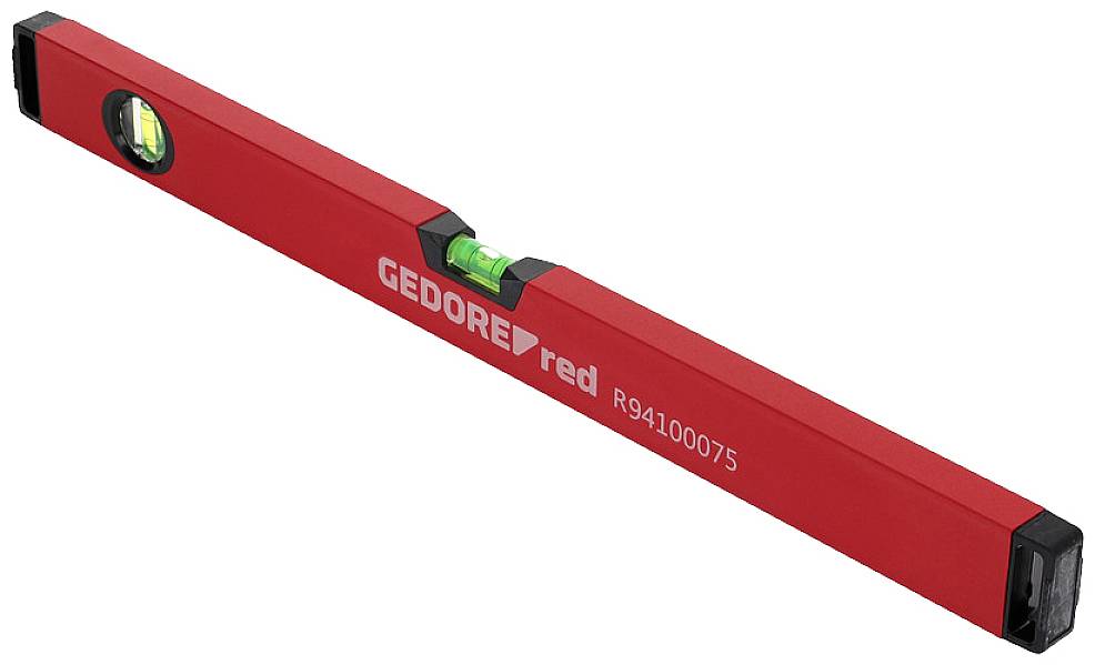 Červená vodováha s nápisem 'GEDORE red' a libelami pro měření vodorovnosti.