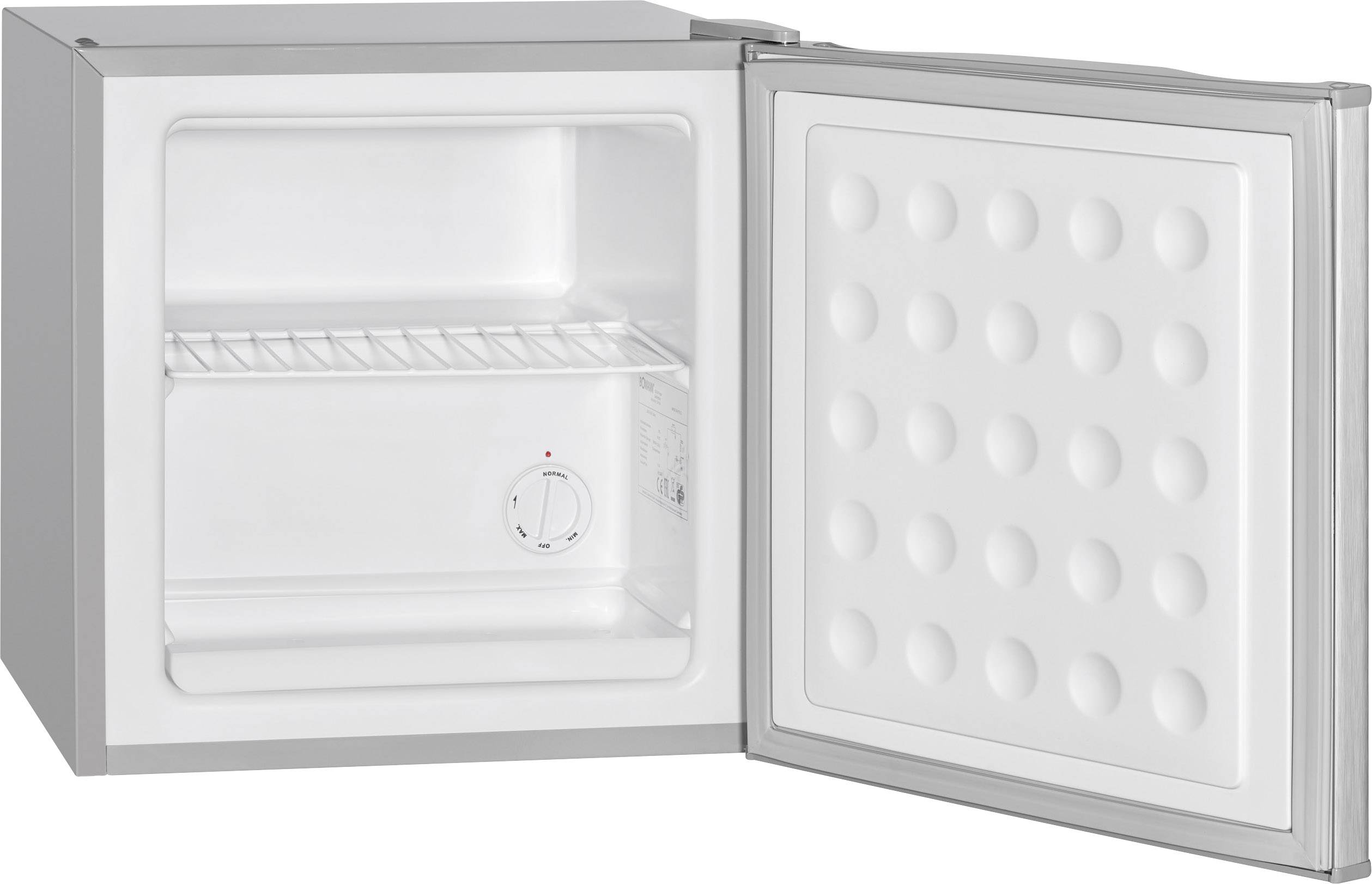 Otevřená, prázdná minilednička s pohledem na vnitřní přihrádku a regulátorem teploty v podobě otočného knoflíku umístěného dole vpravo vpředu.