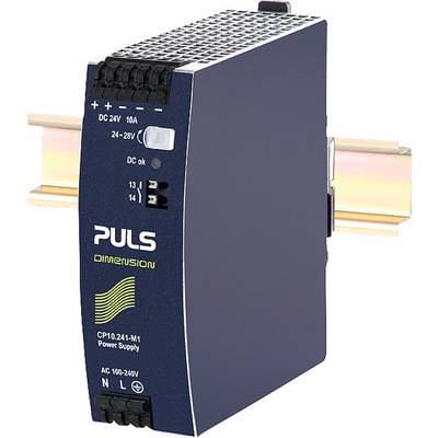 Obrázek zobrazuje síťový zdroj PULS modelu CP10.241-M1 pro montáž na DIN lištu, s vstupním napětím 100-240V AC a výstupem 24V 10A DC.