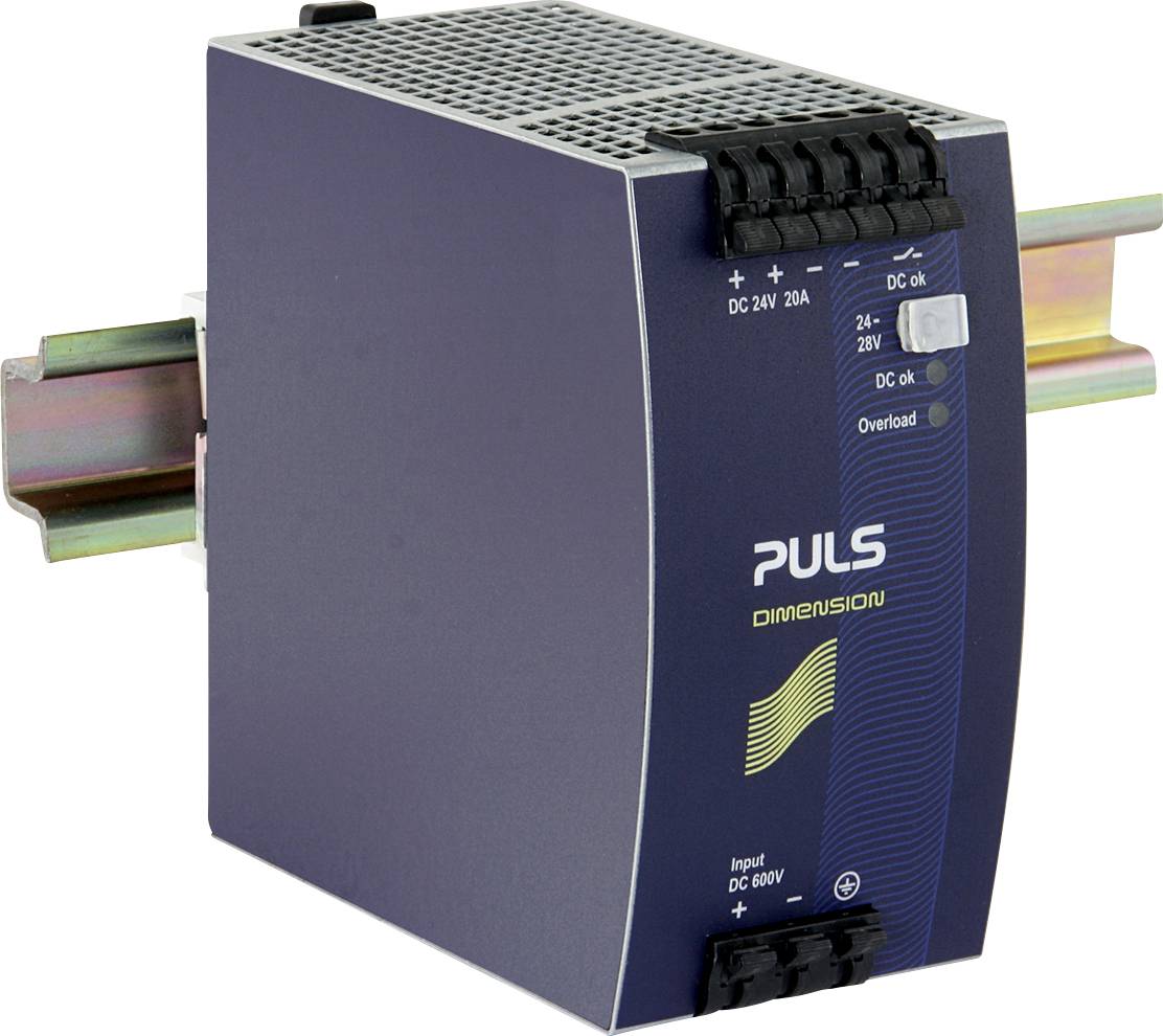 Napájecí zdroj 'PULS DIMENSION'. Kryt v modré barvě, vhodný pro montáž na DIN lištu, navržený pro 24V, 20A. Indikátory: 'Přetížení' a 'Stejnosměrné napětí v pořádku'.