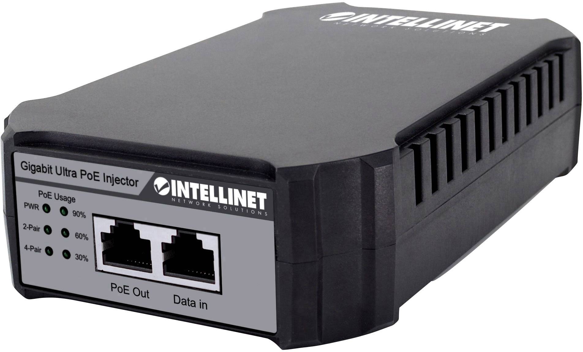Gigabitový Ultra PoE injektor od Intellinetu zobrazuje dva síťové porty a stavové LED indikátory pro použití PoE a napájení.