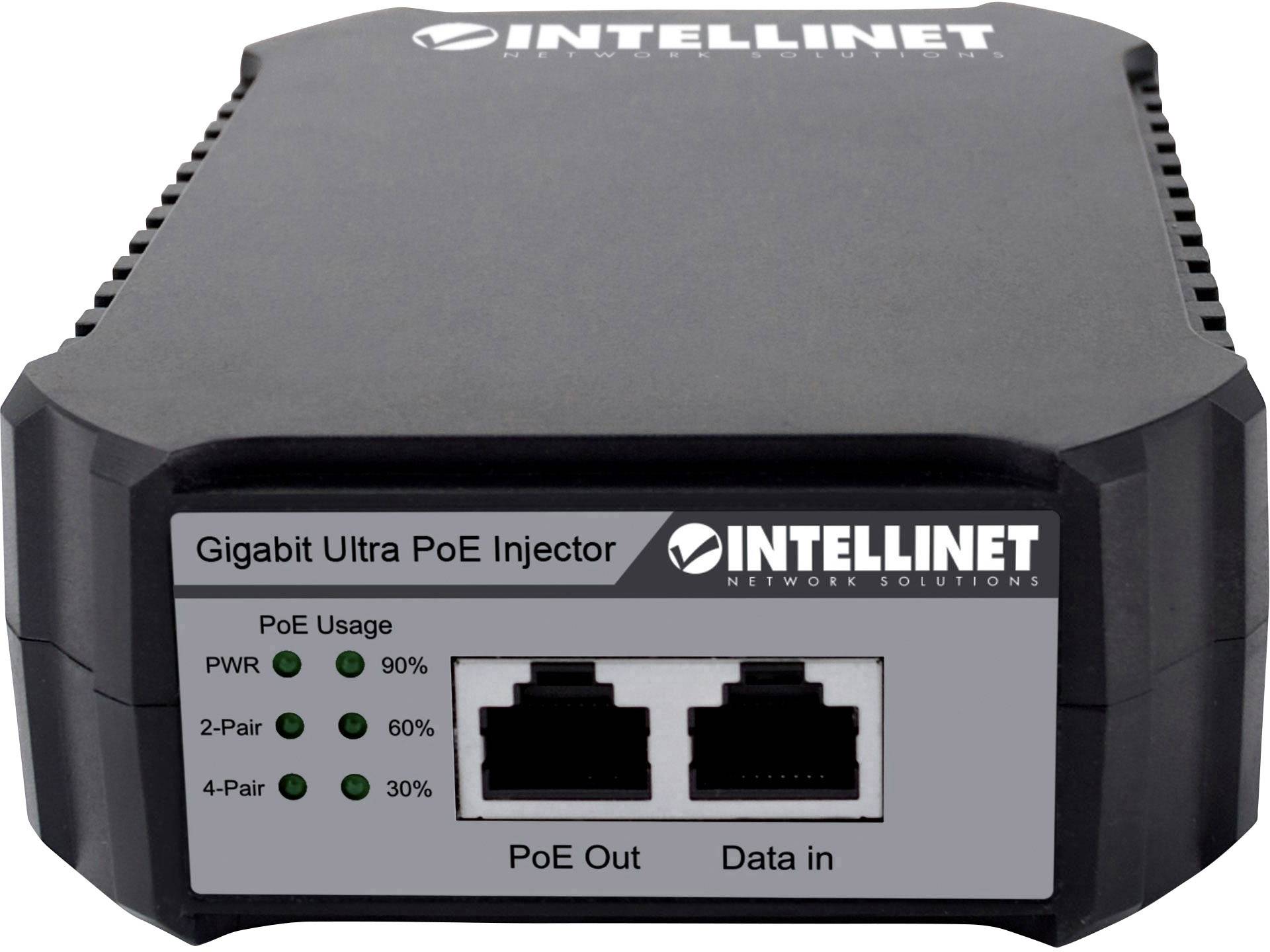 Gigabitový Ultra PoE injektor se dvěma síťovými připojeními 'PoE Out' a 'Data In'. LED diody zobrazují stupeň využití PoE v procentech.