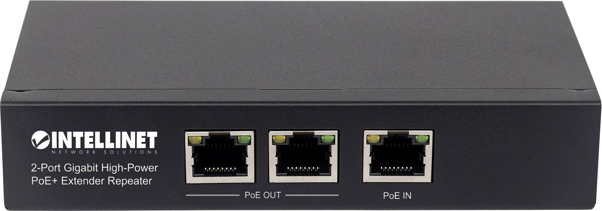 Černý Intellinet 2-portový gigabitový high-power PoE+ extender repeater se třemi ethernetovými porty, označenými "PoE OUT" a "PoE IN".
