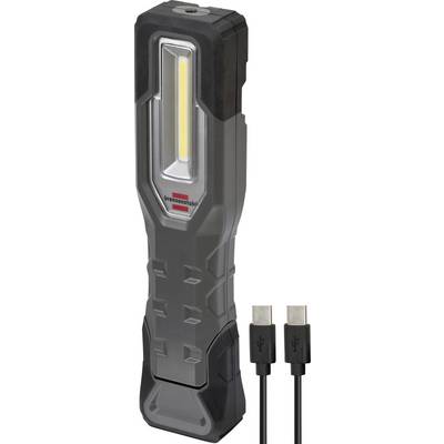 Černé ruční pracovní svítidlo se svislým LED páskem a dvěma USB-C kabely připojenými ve spodní části.