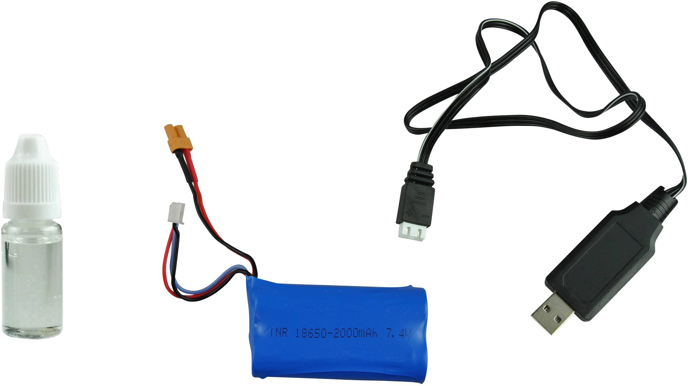 USB nabíjecí kabel, modrá baterie a malá lahvička s kapalinou. Příslušenství pro elektronická zařízení.